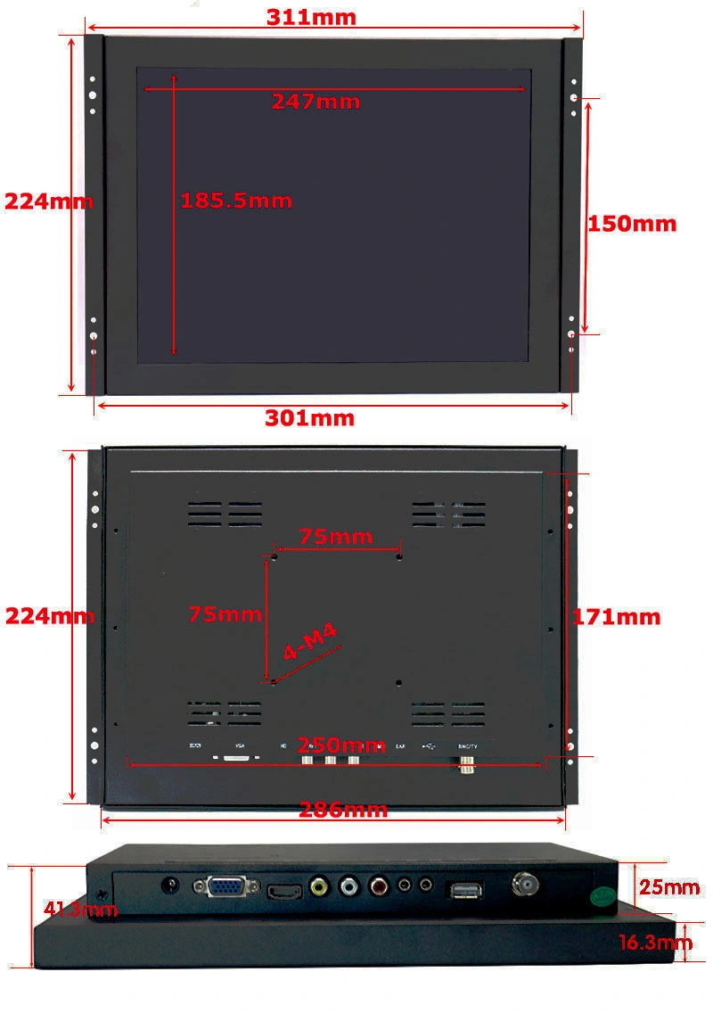 12 Inch 4: 3 Open Frame Industrial Grade LCD Touch Screen Monitor